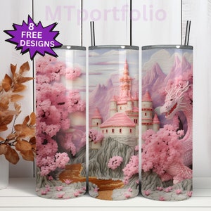 May include: Three stainless steel tumblers with a pink and gray fantasy castle, dragon, and cherry blossom tree design.