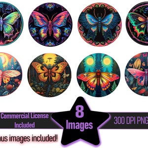 Neon bunte Motten Cottagecore Untersetzer Runde Clipart Grafiken ~ Kommerzielle Lizenz Inkl. ~Digitaler Download ~Sublimation