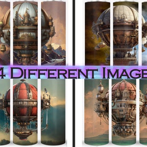 Steampunk Hot Air Balloon Airship Scene 20oz Skinny Tumbler Sublimation Design Digital PNG Wrap Waterslide Download Bundle 4 Pack PNG 300DPI