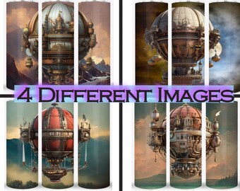 Paquete de 4 vasos delgados de 20 oz con diseño de sublimación, diseño digital PNG, envoltura, tobogán de agua, escena de dirigible Steampunk, PNG, 300 DPI