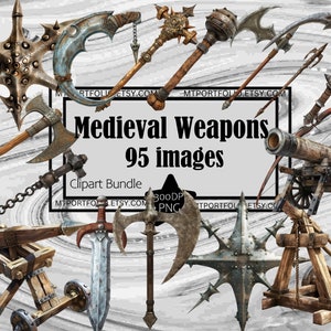 Puede incluir: Una colección de 95 imágenes de clipart de armas medievales, que incluyen espadas, hachas, arcos, flechas, cañones y catapultas. Las imágenes están en formato PNG de 300 DPI.