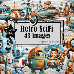 Retro 50s Sci-Fi - Grafika Przezroczysta Licencja Komercyjna Włącznie.~Digital Download Sublimation Junk Journal