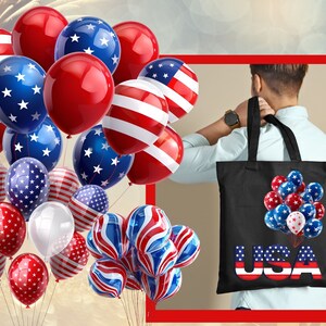 Peut inclure: Un sac fourre-tout noir avec un motif de ballons rouges, blancs et bleus et le mot "USA". Un grand groupe de ballons similaires en arri&egrave;re-plan. L'image &eacute;voque une c&eacute;l&eacute;bration, peut-&ecirc;tre une f&ecirc;te nationale.