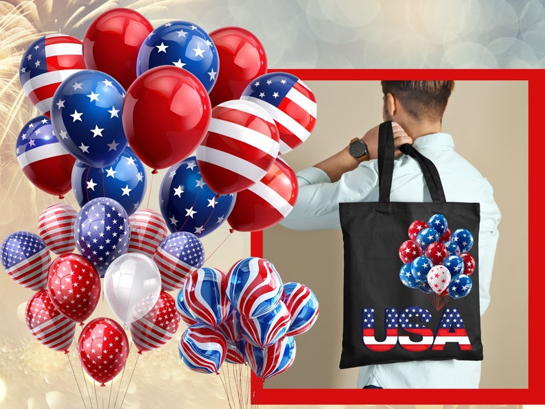 Peut inclure: Un sac fourre-tout noir avec un motif de ballons rouges, blancs et bleus et le mot "USA". Un grand groupe de ballons similaires en arri&egrave;re-plan. L'image &eacute;voque une c&eacute;l&eacute;bration, peut-&ecirc;tre une f&ecirc;te nationale.