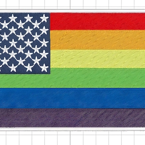May include: An embroidered patch combining the American flag and the rainbow pride flag. The patch features a blue field with 50 white stars in the top left corner, and a rainbow stripe pattern in the bottom right corner. The rainbow stripes are red, orange, yellow, green, blue, indigo, and violet.