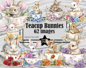 Teacup Bunny Clipart Vintage Floral Easter Rustic Cottagecore PNG Graphic Transparent Flower Tea Cup Rabbit Digital Download Junk Journal