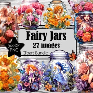 May include: A digital clipart bundle featuring illustrations of fairies inside glass jars filled with flowers and butterflies. The text "Fairy Jars" and "27 images" are also included in the image.