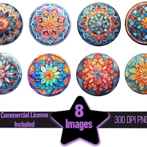 May include: Eight colorful, circular watercolor designs with floral and geometric patterns. The designs feature shades of blue, orange, yellow, and red. The image includes text that reads "Commercial License Included" and "8 Images 300 DPI PNG".