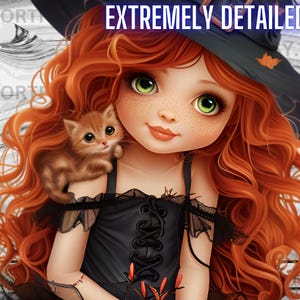 May include: A young girl with long, curly red hair wearing a black witch's dress and a black hat with a leaf design. She is holding a small orange kitten on her shoulder.