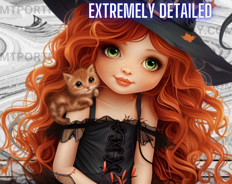 May include: A young girl with long, curly red hair wearing a black witch's dress and a black hat with a leaf design. She is holding a small orange kitten on her shoulder.
