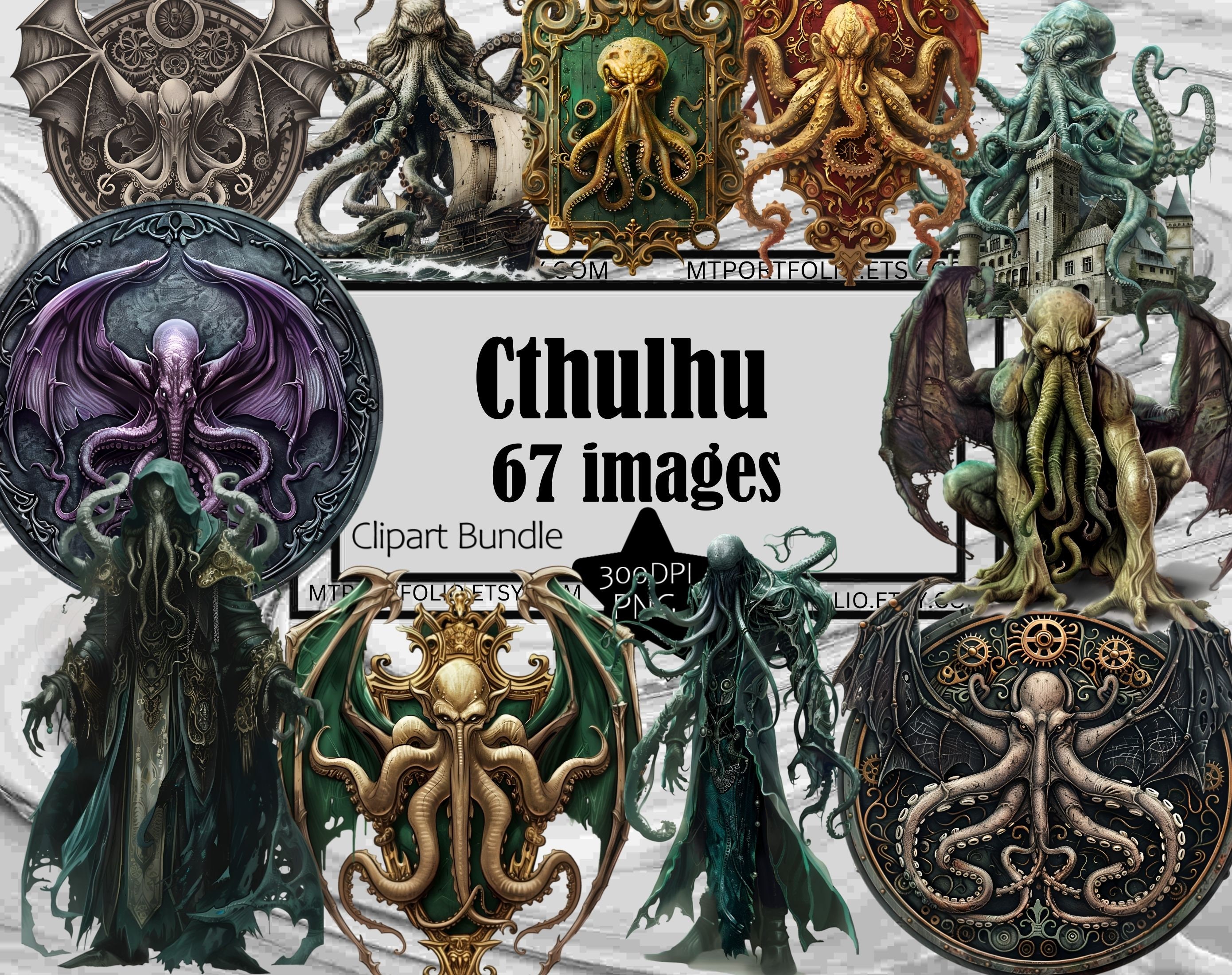 Cthulhu Clipart Fantasy Cryptid Monster PNG Bundle Octopus Monster