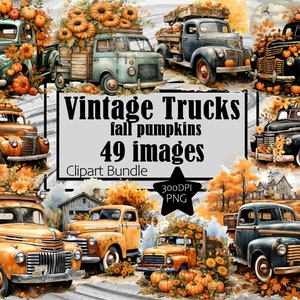 May include: A digital clipart bundle of 49 vintage trucks decorated with fall pumpkins. The trucks are in various colors, including red, blue, green, and yellow. The trucks are decorated with pumpkins, gourds, and fall leaves. The text "Vintage Trucks Fall Pumpkins 49 Images Clipart Bundle 300DPI PNG" is displayed on a gray background.