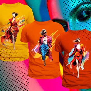 May include: Three t-shirts with colorful abstract designs featuring a woman in each design. The t-shirts are in yellow, orange, and red.