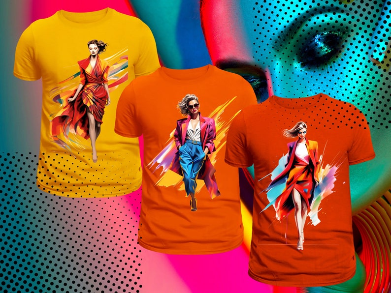 May include: Three t-shirts with colorful abstract designs featuring a woman in each design. The t-shirts are in yellow, orange, and red.