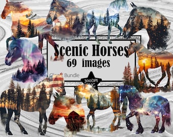 May include: A digital art bundle featuring multiple horse silhouettes with scenic landscape overlays. The horses are filled with images of forests, sunsets, and starry skies. The text "Scenic Horses 69 images" is displayed.