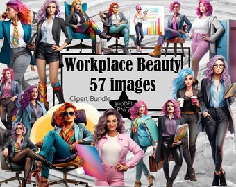 May include: A digital clipart bundle of 57 images featuring women in various professional settings. The women are depicted in colorful clothing and hairstyles, holding items such as briefcases, coffee cups, and folders. The text "Workplace Beauty 57 images" is displayed in the center of the image.