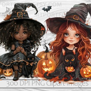 May include: Two cartoon witches with black hats and black cats. One witch has brown skin and long black hair. The other witch has red hair and is wearing a black dress. Both witches are holding black cats. The background is a white woodgrain pattern with pumpkins.