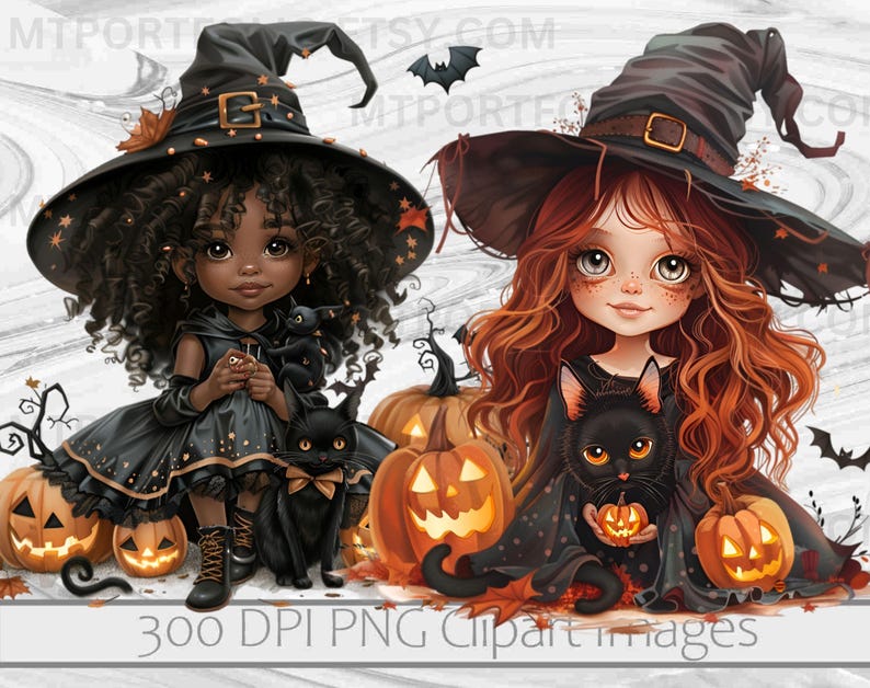 May include: Two cartoon witches with black hats and black cats. One witch has brown skin and long black hair. The other witch has red hair and is wearing a black dress. Both witches are holding black cats. The background is a white woodgrain pattern with pumpkins.