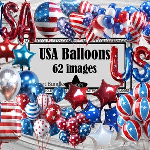 Red White Blue Balloons Clipart USA Flag PNG Patriotic Balloon Clipart Digital Download Sublimation Junk Journal 4th July Party Decoration