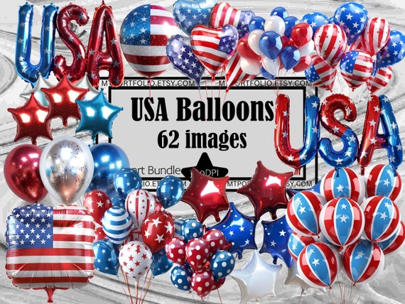Red White Blue Balloons Clipart USA Flag PNG Patriotic Balloon Clipart Digital Download Sublimation Junk Journal 4th July Party Decoration