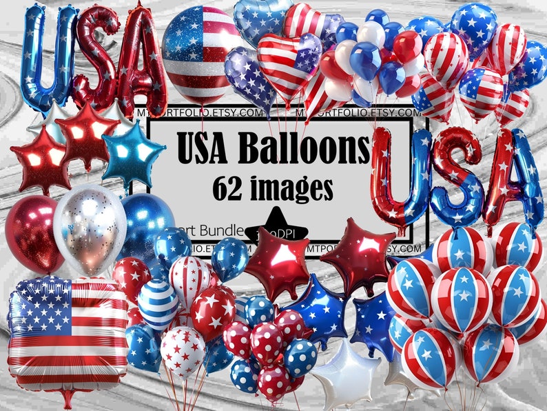 Peut inclure: Un ensemble de ballons rouges, blancs et bleus, comprenant des mod&egrave;les en forme d'&eacute;toiles et ronds, avec le mot "USA" en forme de ballon. L'image comprend &eacute;galement un ballon en forme de drapeau am&eacute;ricain. Le texte "USA Balloons 62 images" est &eacute;galement pr&eacute;sent.