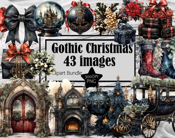 Op de afbeelding: Gothic Christmas clipart-bundel met 43 afbeeldingen. De afbeeldingen omvatten een zwart-rode strik, een sneeuwbol met een kasteel erin, een zwart-gouden kerstversiering, een zwart-gouden koets, een zwart-gouden open haard, een zwart-gouden deur, een zwart-gouden kerstsok, een zwart-gouden kerstboom en een zwart-gouden kerstkrans.