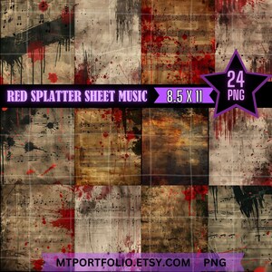 Op de afbeelding: 24 digitale papierachtergronden met rode gespatte bladmuziek. De papieren zijn 8,5 x 11 inch en zijn in PNG-formaat.