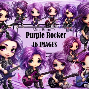 Ragazza Rocker Capelli Viola Graffiti Chibi Kawaii Arte Clipart Grafica Sublimazione Bundle Junk Journal Scrapbook File PNG Trasparente Download