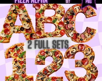 Pizza Party Alphabet PNG Pizza Individual Letters and Numbers Clipart Digital Alphabet Pepperoni Pizza Letters Sublimation Menu Graphics PNG