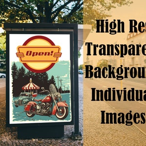 May include: A vintage-style poster advertising a business with the word "Open!" in a circle. The poster features a red, white, and blue striped tent, a blue car, and a red motorcycle.