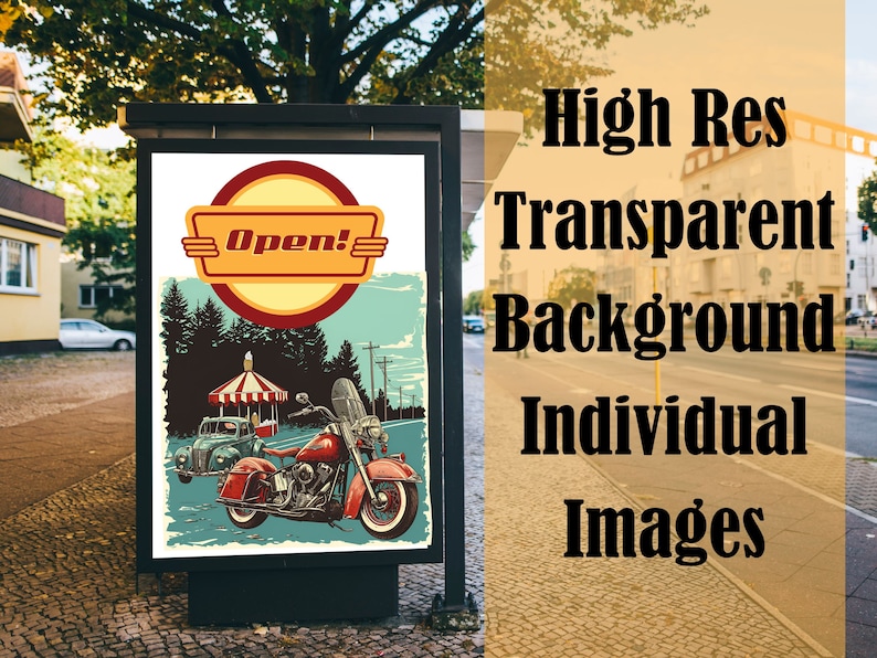May include: A vintage-style poster advertising a business with the word "Open!" in a circle. The poster features a red, white, and blue striped tent, a blue car, and a red motorcycle.