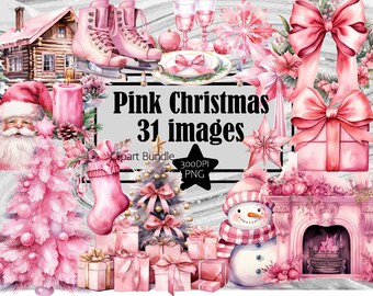Christmas Clipart Pink Watercolor Pink Christmas PNG Bundle Pink Xmas Stocking PNG Snowman Clipart Christmas Tree Transparent Sublimation