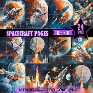Ruimtevaartuig Junk Journal 8,5 x 11 papier 24-pack Vintage Space Paper Galactic Starship plakboekpagina planeet raket afdrukbare Instant Download