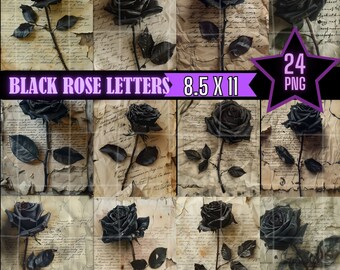 Black Rose Junk Journal Digital 8.5 x 11 Paper 24 Pack Vintage Aged Paper Romantic Black Rose ScrapBook Page Printable Instant Download Lite