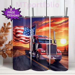 Tractor Trailer American Flag Sunset Big Rig Long Haul Driver USA 20oz Skinny Tumbler Sublimation Design Wrap Waterslide Download PNG