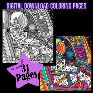 May include: A black and white colouring page featuring an astronaut in a spaceship. The astronaut is sitting in the pilot's seat and looking out of the window. The spaceship is filled with buttons and controls. The text "31 Pages" is in a purple star shape.