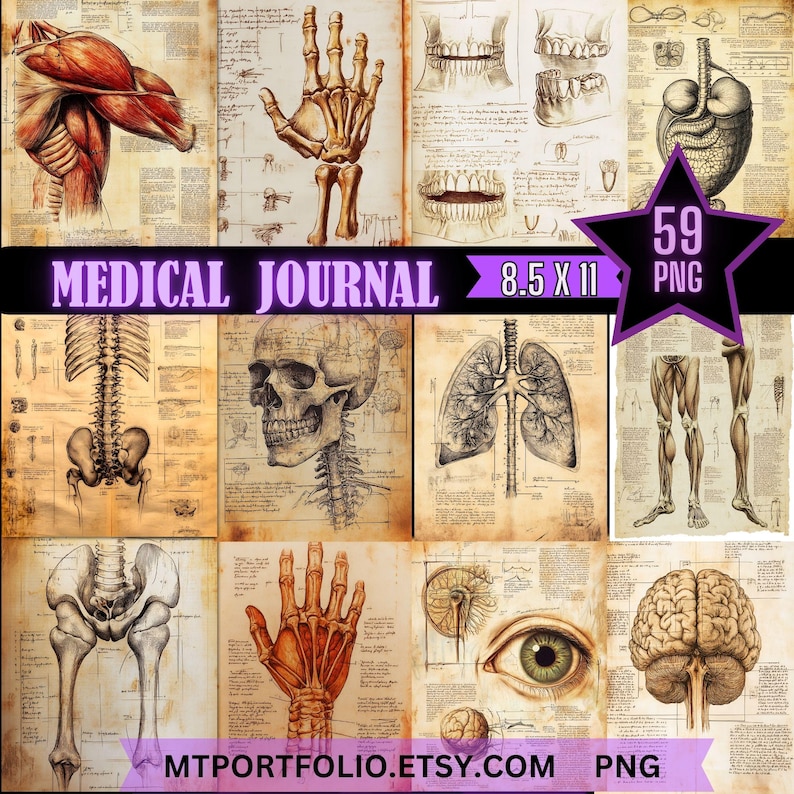 Peut inclure: Une collection de 59 illustrations m&eacute;dicales vintage, chacune repr&eacute;sentant une partie diff&eacute;rente du corps humain. Les illustrations sont en noir et blanc et ont un style vintage. Les images sont &eacute;tiquet&eacute;es avec le nom de la partie du corps et sont dispos&eacute;es en grille. Le texte "MEDICAL JOURNAL 8.5 X 11 PNG" est affich&eacute; en haut de l'image.