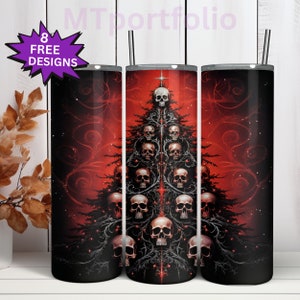 May include: A set of three stainless steel tumblers with a black and red design featuring a skull-adorned Christmas tree. The tree is decorated with red lights and has a star on top.