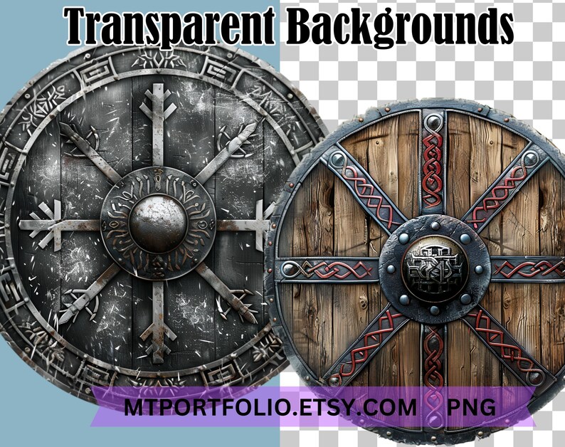 May include: Two round, wooden shields with metal accents. One shield has a black and silver design with a central metal boss. The other shield has a brown wooden design with red and blue accents and a central metal boss. Both shields have a circular, metal rim.