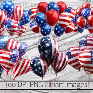 Peut inclure: Un ensemble de ballons rouges, blancs et bleus, certains en forme de c&oelig;ur, avec le motif du drapeau am&eacute;ricain. Les ballons sont regroup&eacute;s, avec le texte "300 DPI PNG Clipart Images" en bas.