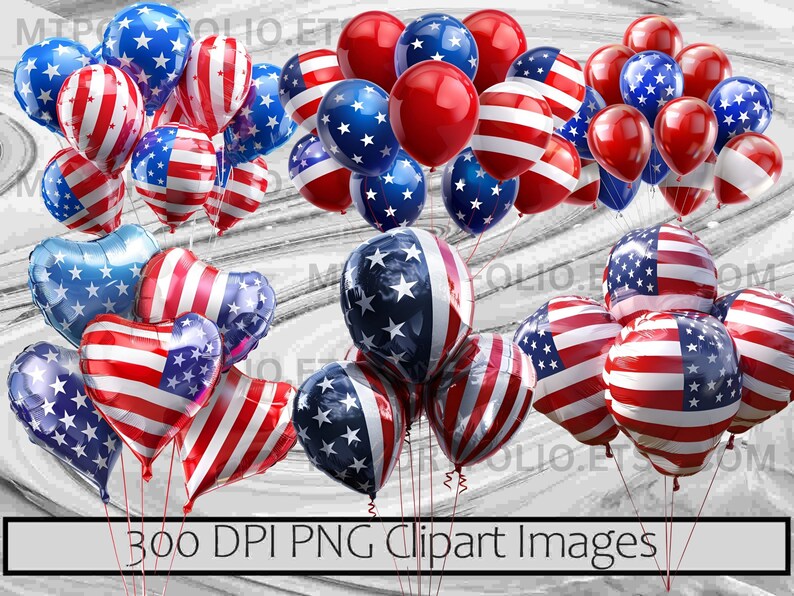 Peut inclure: Un ensemble de ballons rouges, blancs et bleus, certains en forme de c&oelig;ur, avec le motif du drapeau am&eacute;ricain. Les ballons sont regroup&eacute;s, avec le texte "300 DPI PNG Clipart Images" en bas.