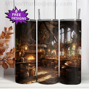 May include: Three stainless steel tumblers with a design of a fantasy-themed shop interior. The shop has a wooden interior with shelves filled with bottles and jars, a fireplace, and a counter with stools. The design is in warm tones of brown, orange, and yellow.