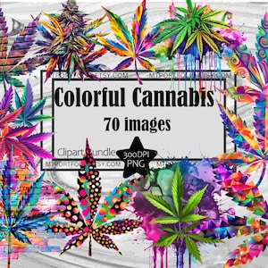 May include: A digital collage of 70 colourful cannabis leaf images. The leaves are in various styles, including brick, polka dot, and geometric patterns. The text "Colorful Cannabis 70 images" is in the centre of the image.