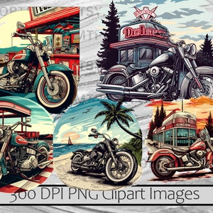 May include: Four digital illustrations of vintage motorcycles in different settings. Each motorcycle is a classic cruiser style with chrome accents. The backgrounds include a diner, a beach, a roadside diner, and a city street.
