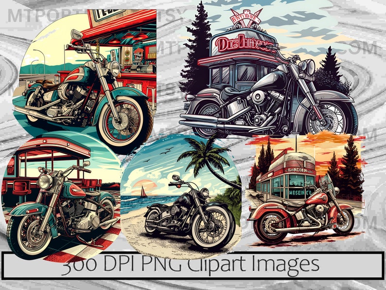 May include: Four digital illustrations of vintage motorcycles in different settings. Each motorcycle is a classic cruiser style with chrome accents. The backgrounds include a diner, a beach, a roadside diner, and a city street.