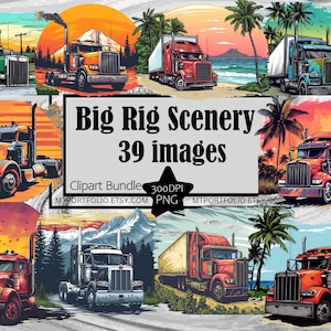 Camiones grandes, imágenes prediseñadas, semirremolques PNG, paquete de camiones, gráficos PNG, transparentes, uso comercial, descarga digital, sublimación, escena de montaña