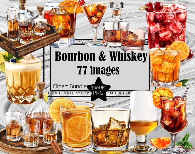 Bourbon and Whiskey Clipart Bundle Alcohol PNG Graphics Booze Drink ClipartTransparent Commercial Digital Download Sublimation Junk Journal image 1