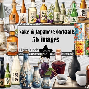 Puede incluir: Una colección de 56 imágenes digitales que presentan varias botellas de sake y cócteles japoneses. Las imágenes incluyen una variedad de botellas, latas y otros artículos relacionados, como palillos, tazas de sake y ciruelas. Las imágenes están en un estilo de dibujos animados y son perfectas para usar en proyectos digitales.