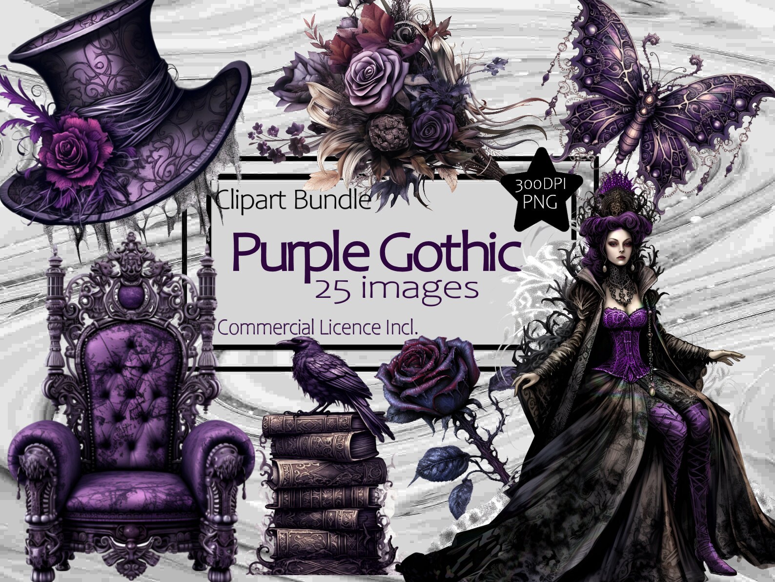 Purple Gothic Victorian Clipart Bundle Tea Kettle Parasol Floral Raven ...
