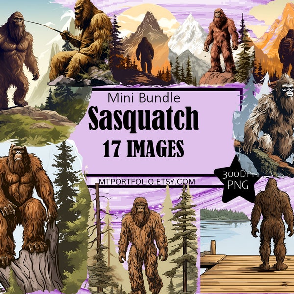 Bigfoot Sasquatch Mountain Trails Forest Fishing Woods Clipart Graphics Sublimation Bundle Junk Journal Scrapbook File Transparent Download